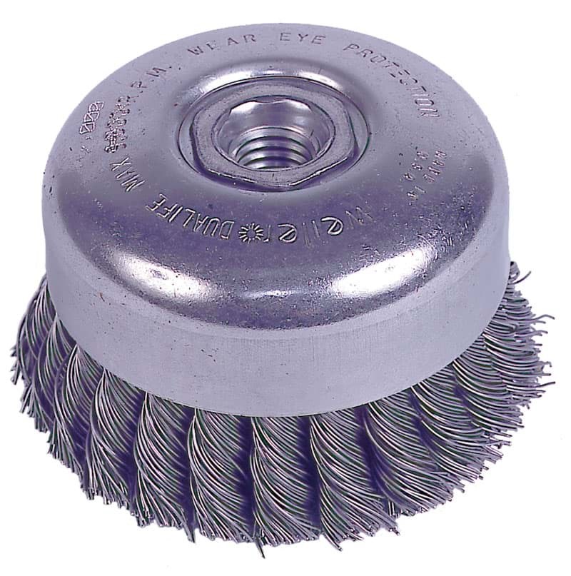Picture of 4" Double Row Knot Wire Cup Brush, .023" Steel Fill, 5/8"-11 UNC Nut