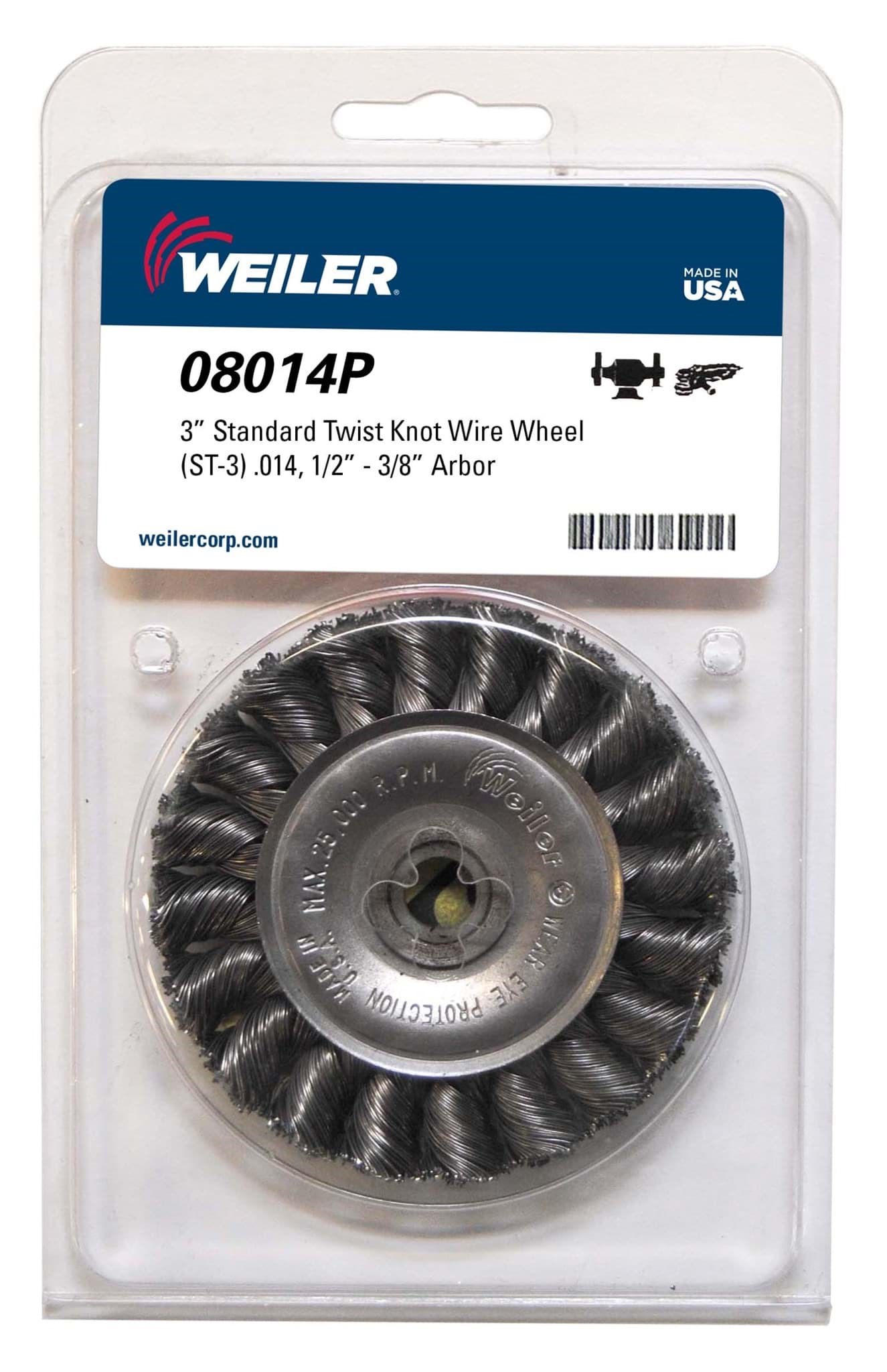 Picture of 3" Standard Twist Knot Wire Wheel, .014" Steel Fill, 1/2"-3/8" Arbor Hole, Retail Pack