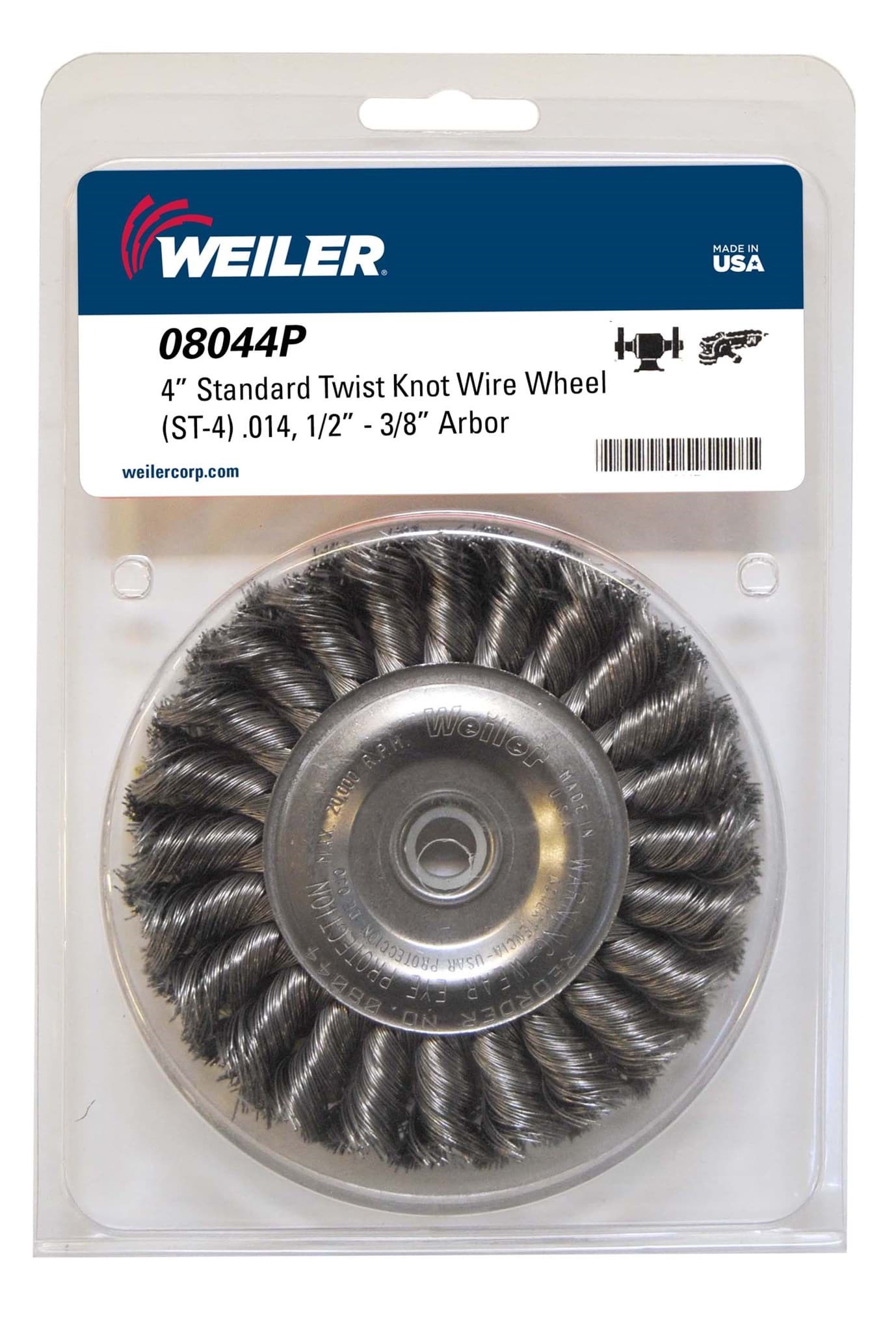 Picture of 4" Standard Twist Knot Wire Wheel, .014" Steel Fill, 1/2"-3/8" Arbor Hole, Retail Pack