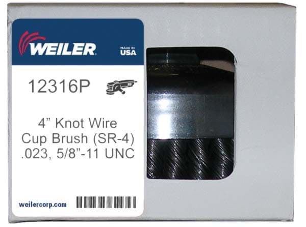 Picture of 4" Single Row Knot Wire Cup Brush, .023" Steel Fill, 5/8"-11 UNC Nut, Retail Pack
