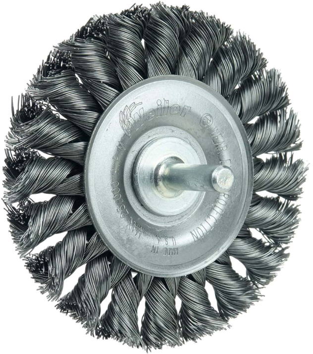 Picture of 3-1/4" Stem-Mounted Knot Wire Wheel, .014" Steel Fill, 1/4" Stem, Vending Ready