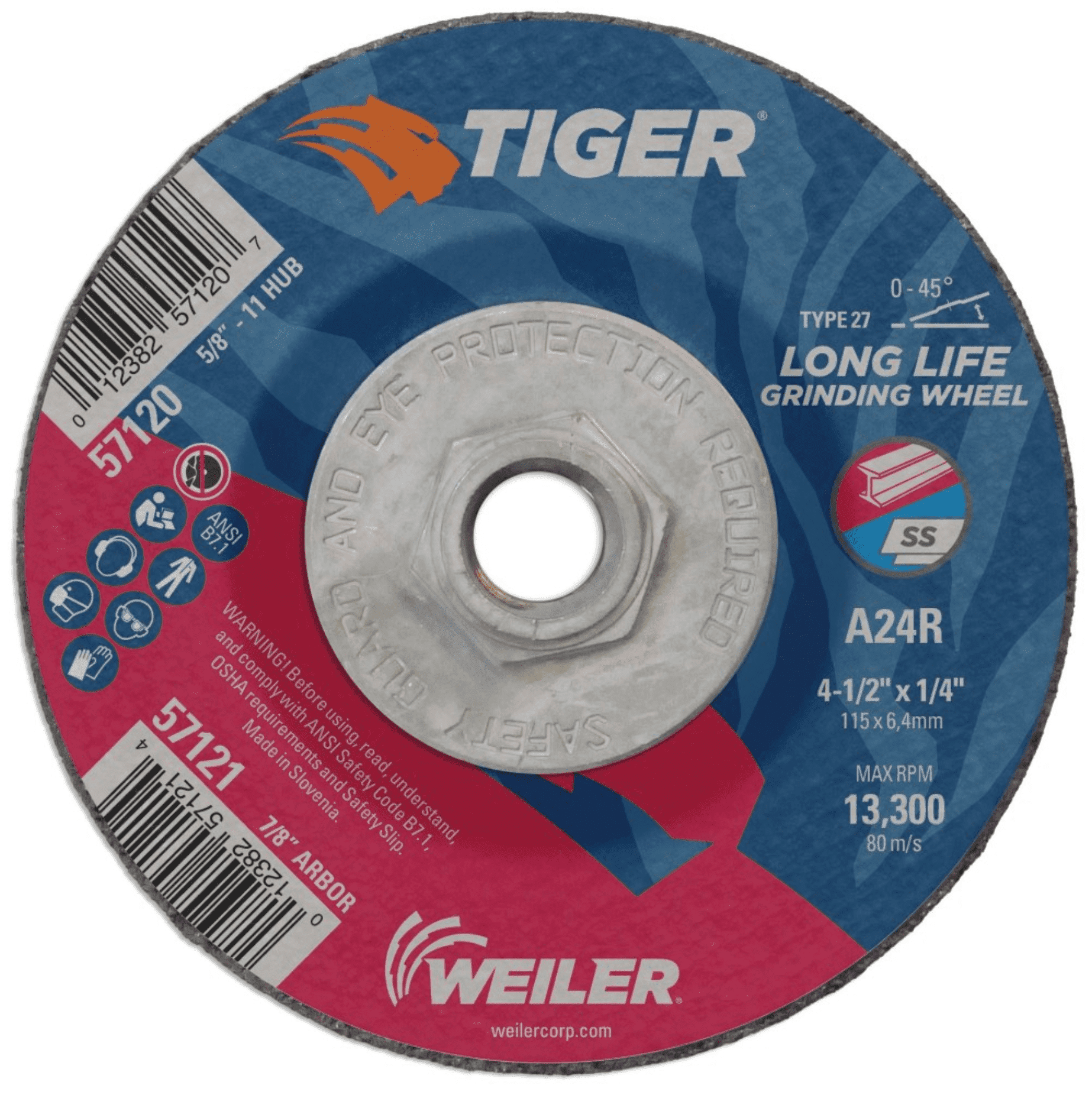 Picture of 4-1/2" x 1/4" TIGER AO Type 27 Grinding Wheel, A24R, 5/8"-11 Nut