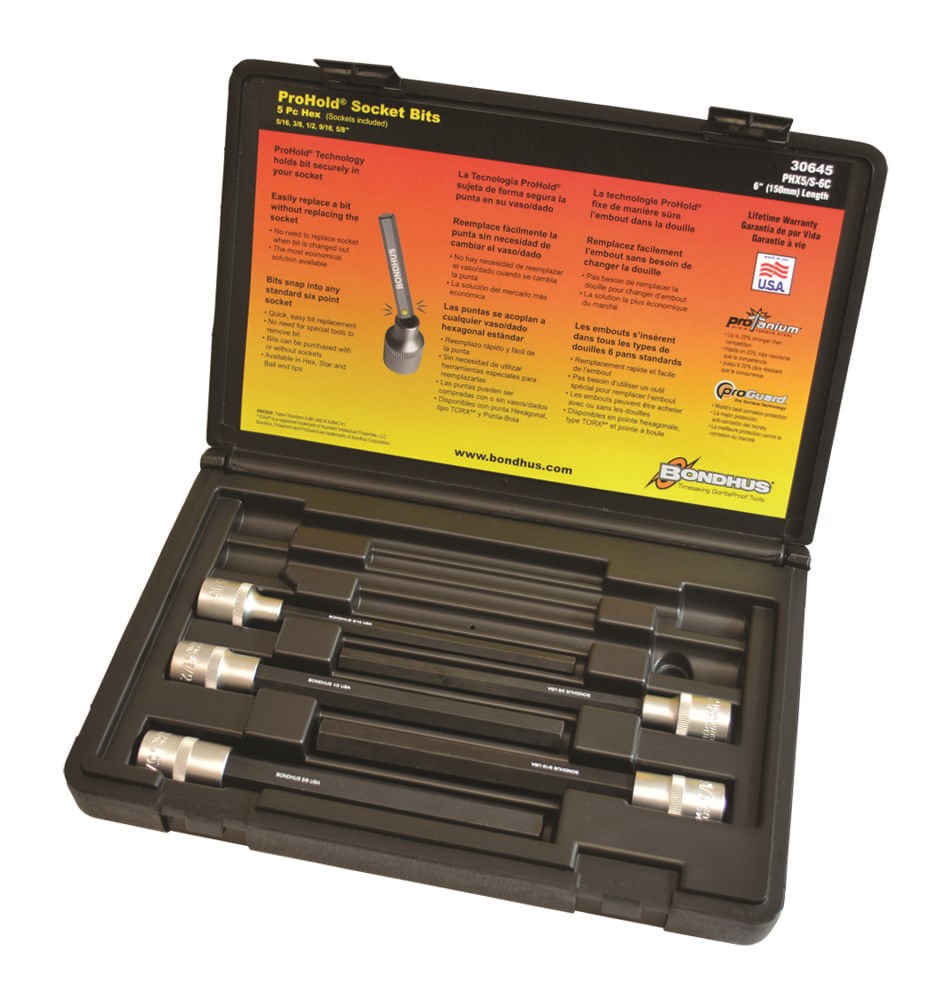 Picture of Set 5 ProHold Hex Bits 6" (5/16-5/8") w/Sockets in Molded Black Case