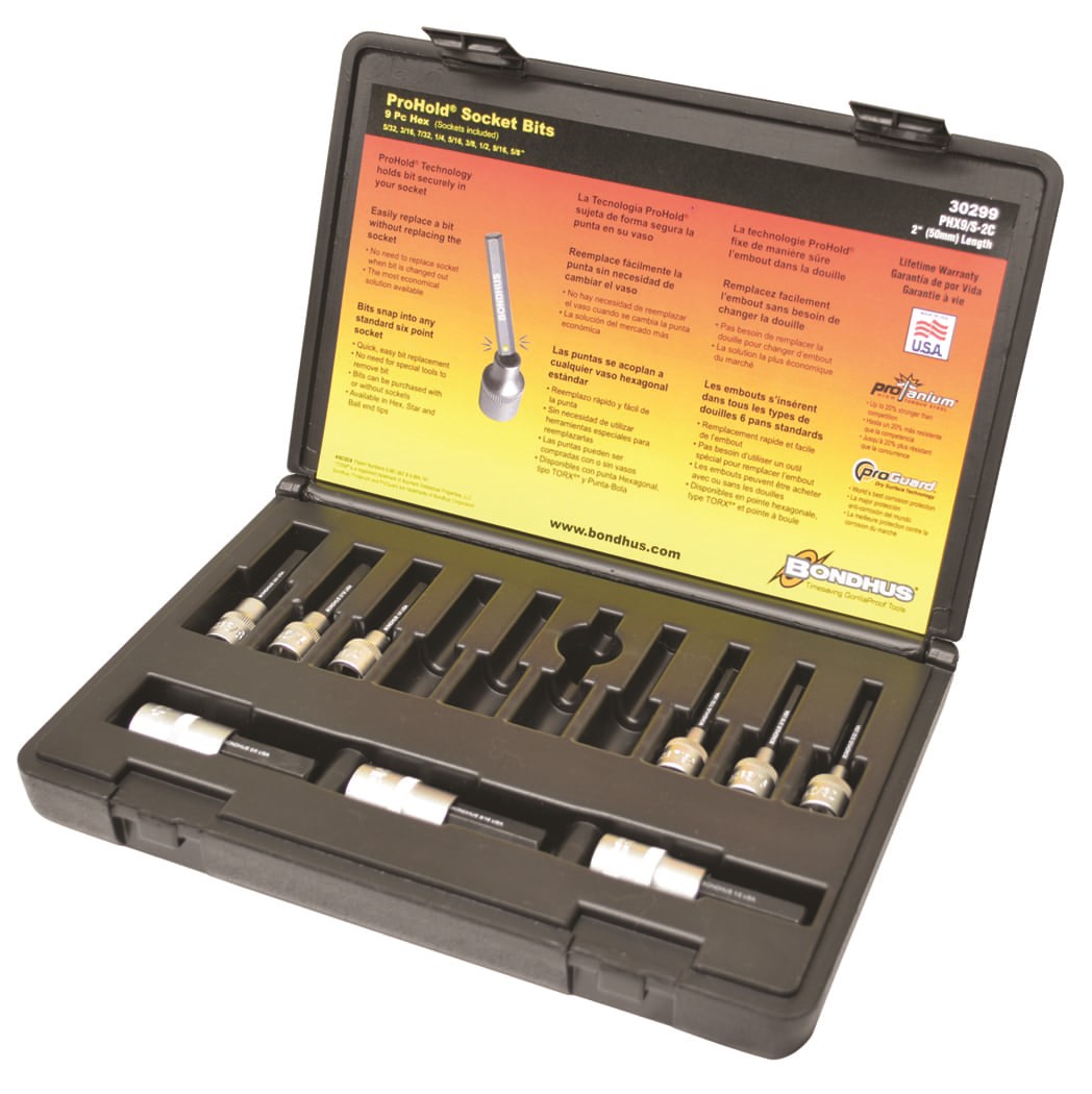 Picture of Set 9 ProHold Hex Bits 2" (5/32-5/8") w/Sockets in Molded Black Case