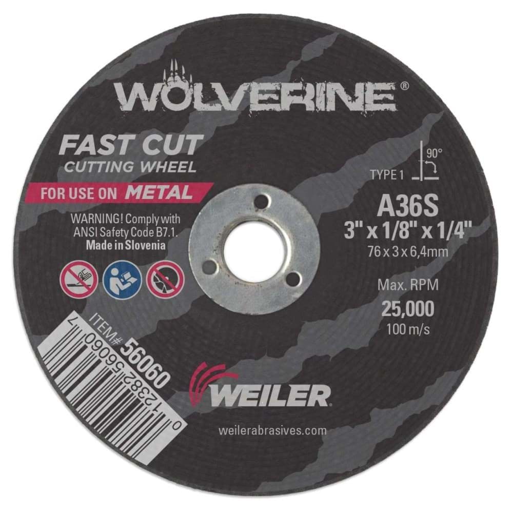 Picture of 3" x 1/8" Woverine Type 1 Cutting Wheel, A36S, 1/4" Arbor Hole