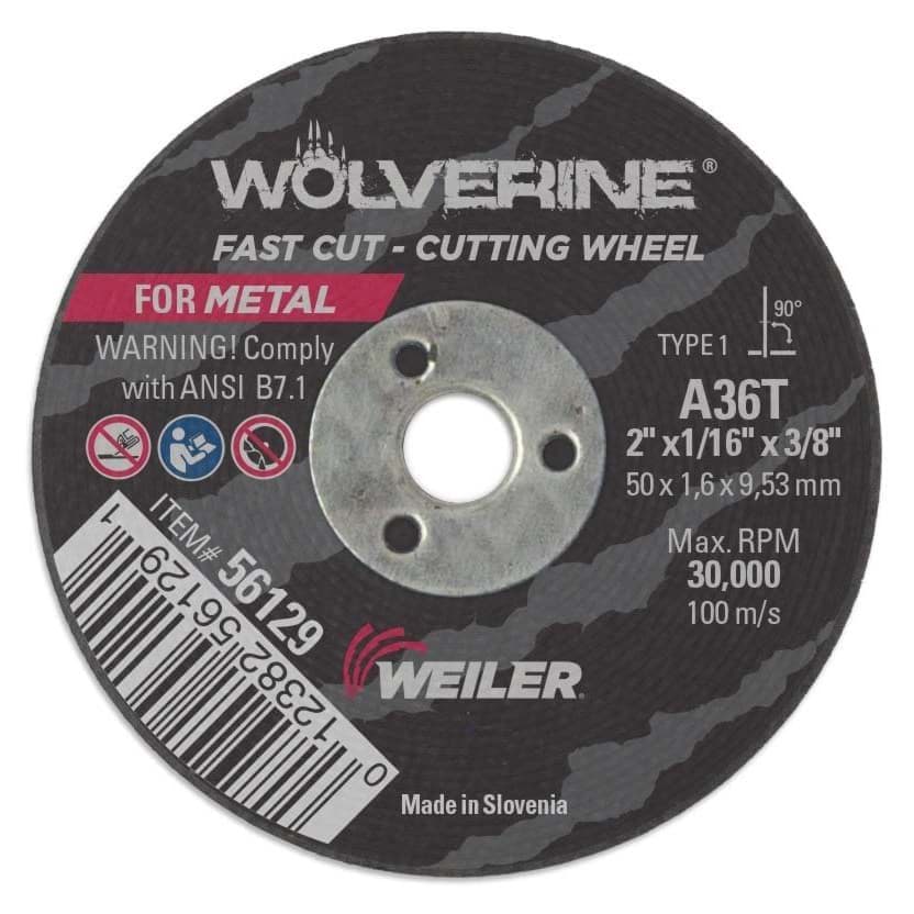 Picture of 2" x 1/16" Wolverine Type 1 Cutting Wheel, A36T, 3/8" Arbor Hole