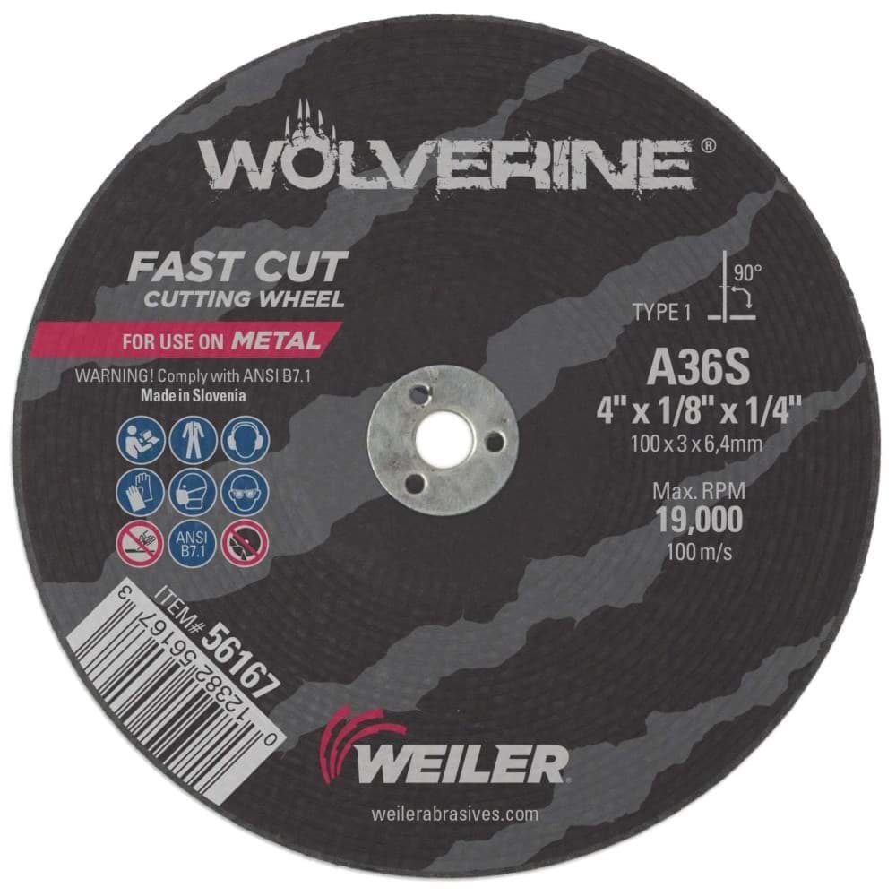 Picture of 4" x 1/8" Wolverine Type 1 Cutting Wheel, A36S, 1/4" Arbor Hole