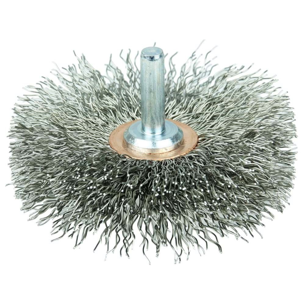 Picture of 3" Stem-Mounted Crimped Wire Wheel, .014" Stainless Steel Fill, 1/4' Stem, Vending Ready