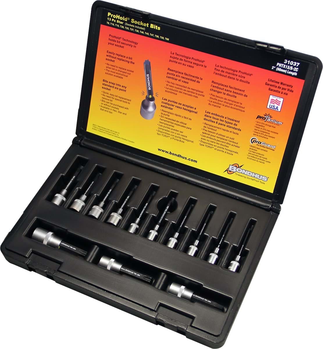 Picture of Set 13 ProHold Torx® Bits 2"(T8-T60)w/Sockets(NoT9)in Molded Black Case