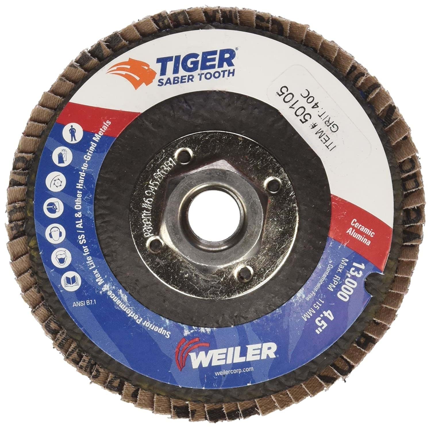 Picture of 4-1/2" Tiger Ceramic Abrasive Flap Disc, Angled (TY29), Pheonlic Back, 40C, 5/8"-11 UNC Nut, Vending