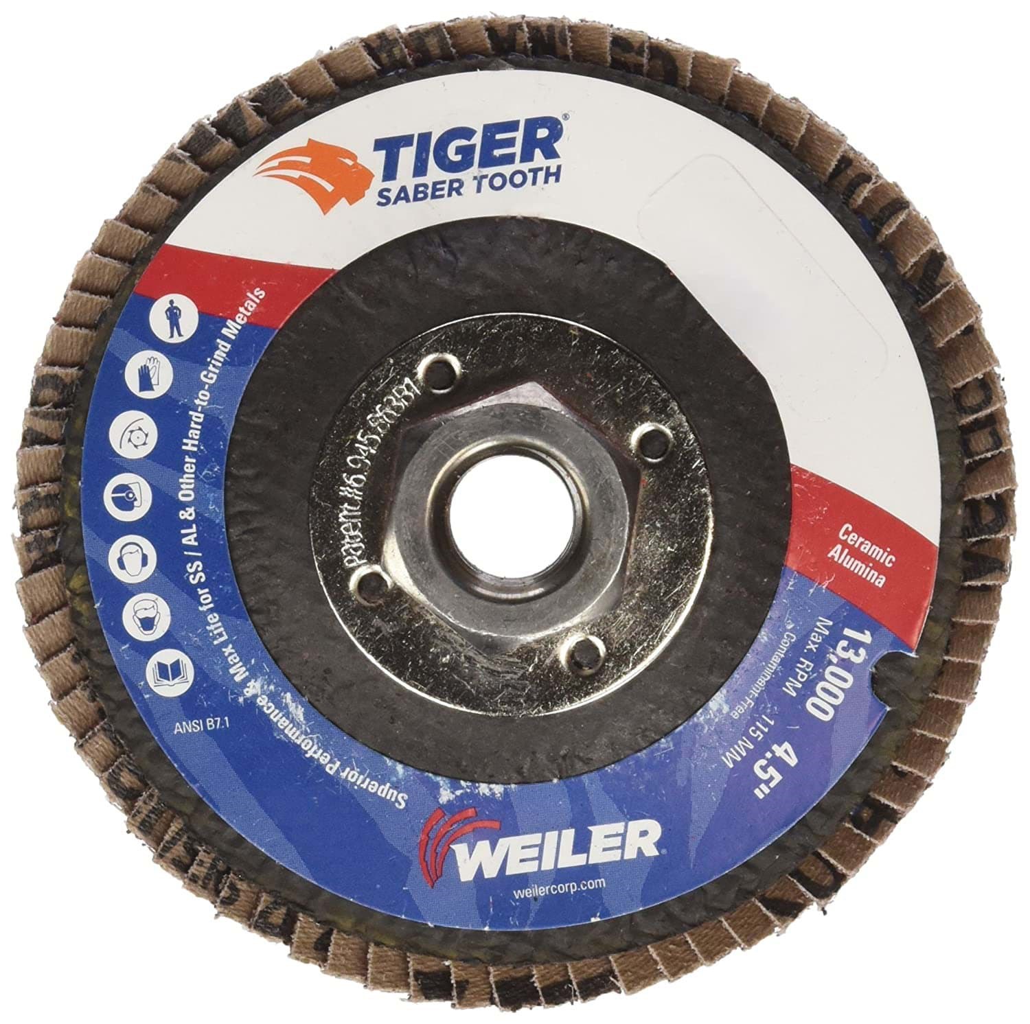 Picture of 4-1/2" Tiger Ceramic Abrasive Flap Disc, Angled (TY29), Phenolic Back, 60c, 5/8"-11 UNC Nut, Vending
